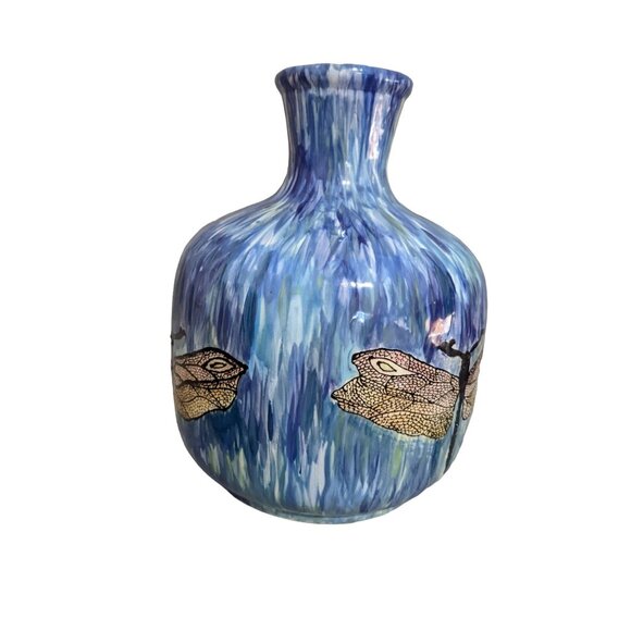 Studio Pottery Vase Dragonfly Blue 9"x7" Drip Glaze Signed Helga Farmhouse Decor - Picture 3 of 9